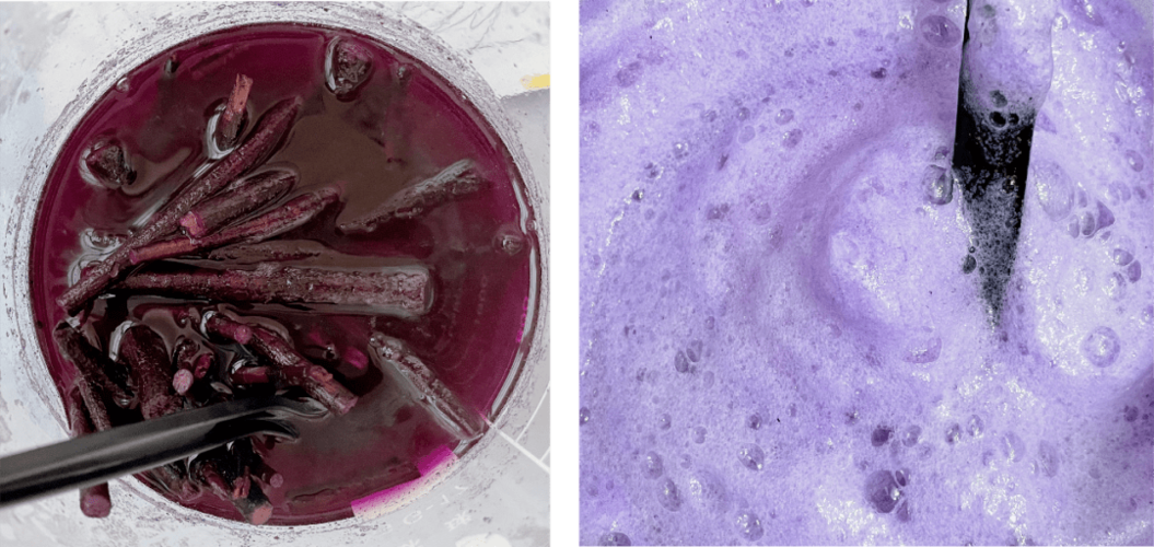 植物染料加入碳酸氢钠后的发泡过程(右)  图片来自艺术家